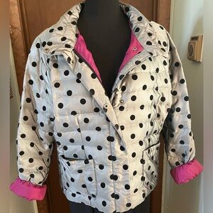 Lands End Down Puffer Jacket Size PL Black Polka Dots on Gray with Purple Lining